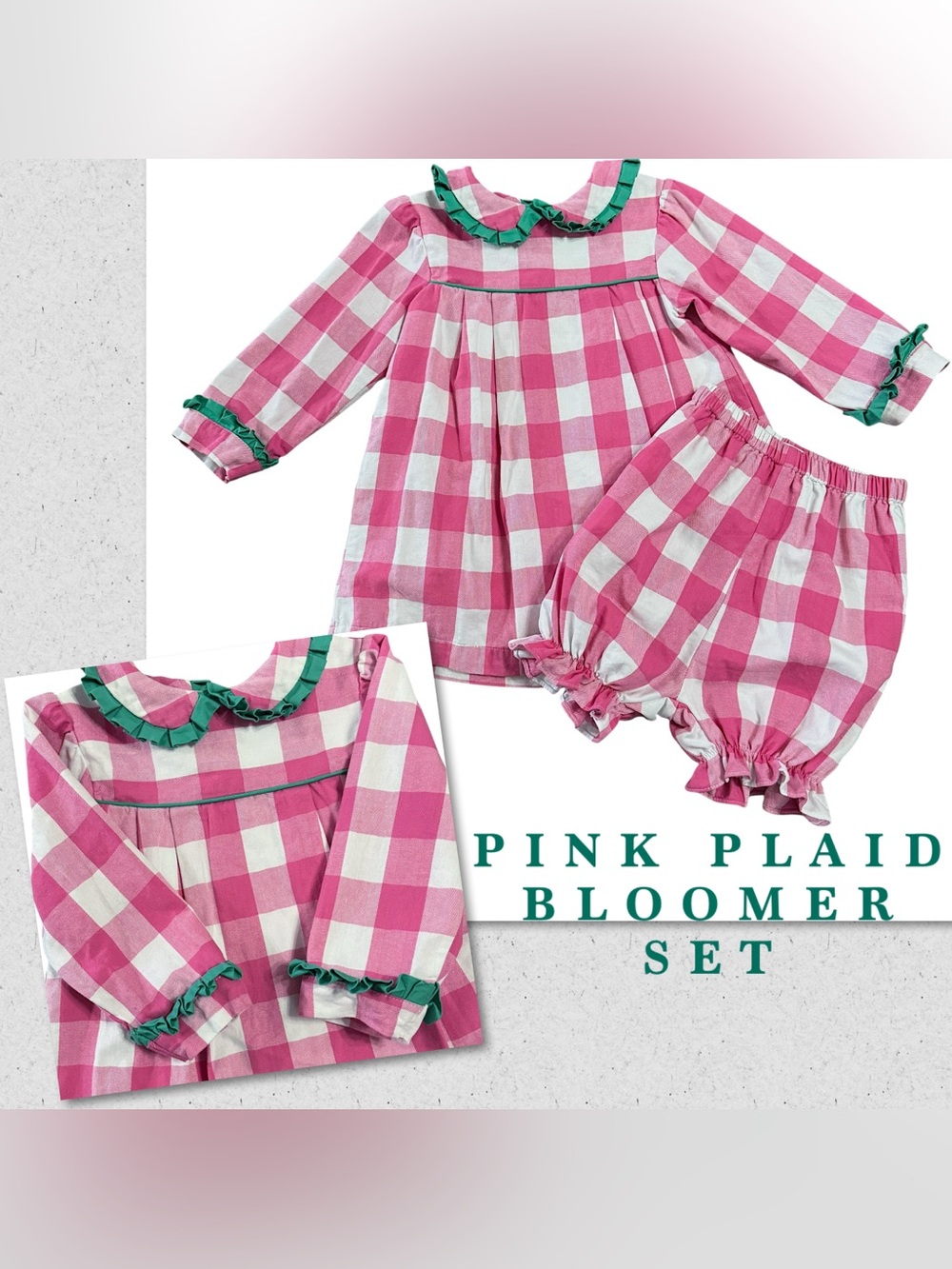 Oak Apparel Pink Plaid Green Ruffle Cotton Dress Bloomer Set Boutique Girls 4